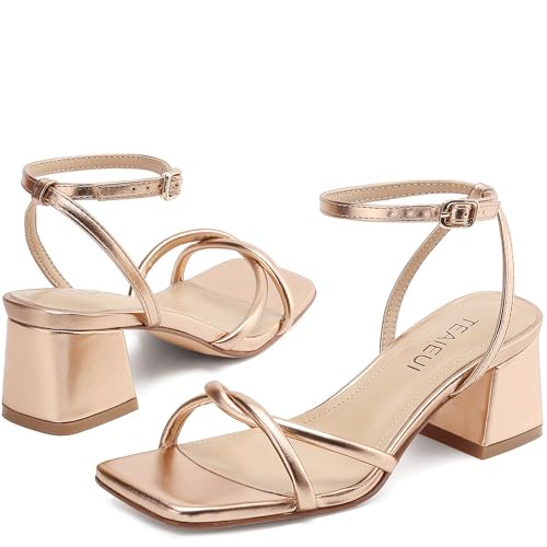 Image of TEAIEUI Chunky Heels for Women, Square Open Toe Heeled Sandals, Strappy Ankle Strap Shoes for Dress, Party, Prom, Block Low Heel 2 inch