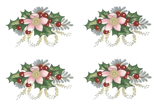 Christmas Pink White Flower Holly Overglaze Waterslide Ceramic Decals 1.25 Inch (16 Decals)