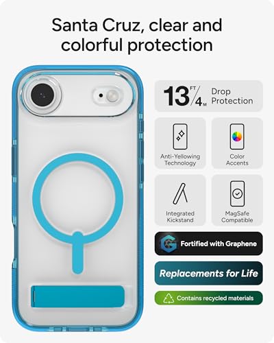 Image of ZAGG Santa Cruz Snap Case with Kickstand for iPhone Air - Tranquil Blue, Drop Protection (13ft /4m), MagSafe Charging Compatible, ClearGuard Anti-Yellowing Technology, Scratch Resistant Phone Case