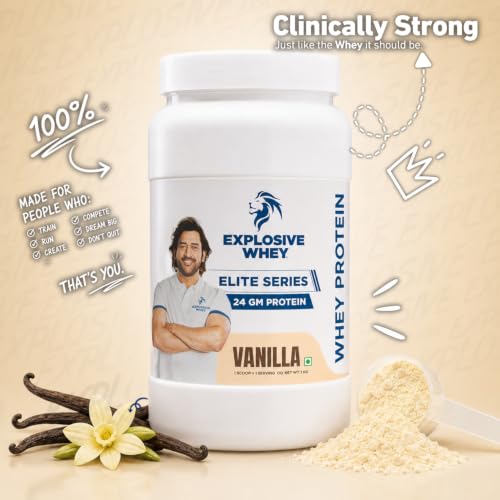 Image of Explosive Whey Elite Series Whey Protein - Trusted by M.S. Dhoni | 24g Protein per Scoop | Premium Concentrate Sport Supplement for Enhanced Muscle Growth and Recovery | Vanilla - 1kg (30 Servings)
