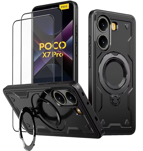 KANSi Funda para Xiaomi Poco X7 Pro/Poco X7 Pro 5G con Cristal Templado*2, Anti Golpes Carcasa Protectora Resistente con Anillo Soporte Giratorio - Capa Negro