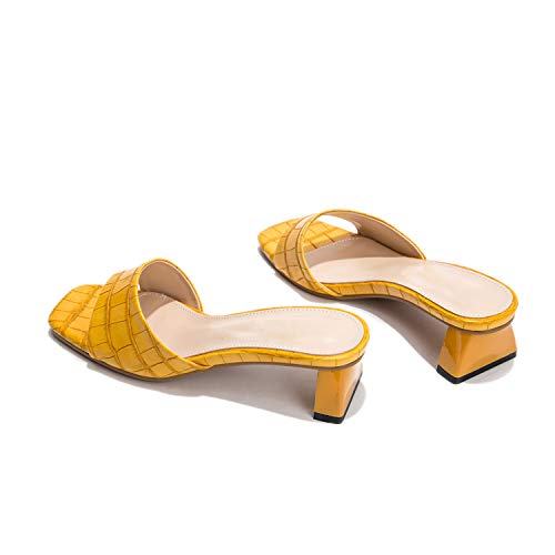 Lehoor Women Open Toe Yellow Chunky Heel Mules Mid Heeled Slide Sandals, Stone Pattern Slip On Pumps Backless Ladies Square Heels Dress Shoes 9.5 M Us #TOP27
