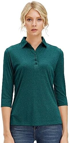 Corna Womens SPF 3/4 Sleeve Solid Green Golf Shirts Dri Fit Polo UPF 50+ Sun Protection Quick Dry Solid Active Shirt Dark green-2XL