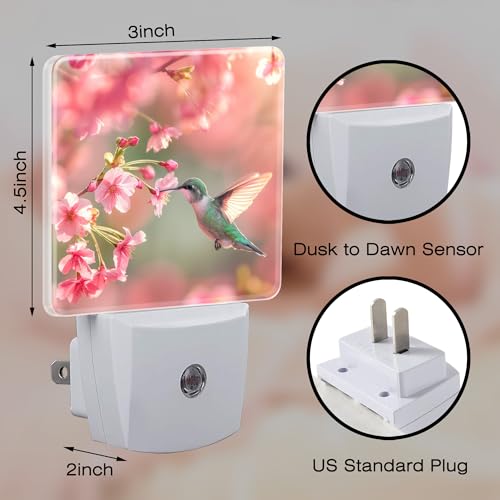 Image of Hummingbird with Cherry Blossoms Night Light Plug into Wall, Pink Flowers Bird Dusk to Dawn Night Light Plug in,0.5w Energy Saving Sleep Friendly NightLight for Kids Boys Girls Home Decor