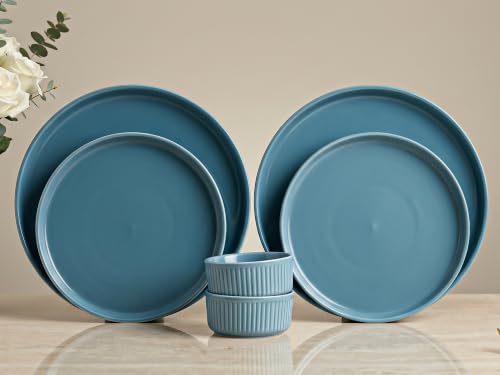 Image of Bodhi House 6-Piece Ribbed Porcelain Dinner Set for 2 with 2 Dinner Plates, 2 Quarter Plates & 2 Katori, Microwave & Dishwasher Safe, Chip Resistant Crockery Set for Home, Dining & Gifting, True Blue