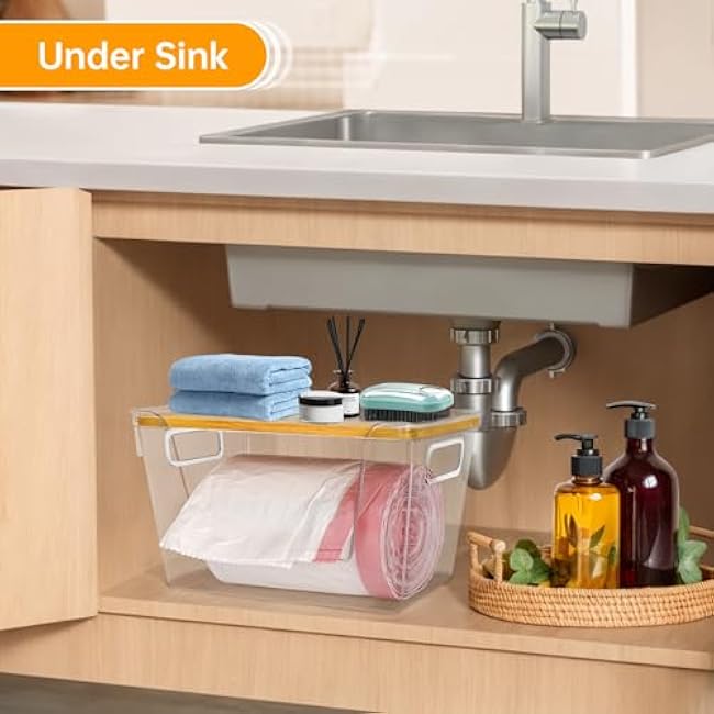 Pantry Organizer Storage Stackable with Bamboo Top for Kitchen Laundry Room Organizers, Large Trash Bag Holder and Garbage Bag Dispenser