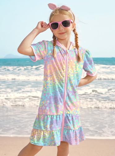Image of BesserBay Girls Summer Beach Quick Dry Cover Up Ruffle Hem Terry Smocked Hooded 4-14 Years with Pockets