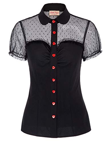 Women's Vintage Short Sleeve Lapel Collar Heart Button Shirts Blouse Black Size 2XL