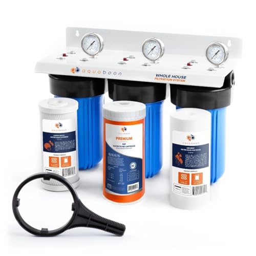 Aquaboon 3-Stage Whole House Water Filtration System with 5 Micron 10x4.5 Reducing Sediment, KDF Heavy Metals and Carbon Chlorine Reduction Water Filter Purification Cartrige, Pressure Gauges, Wrench
