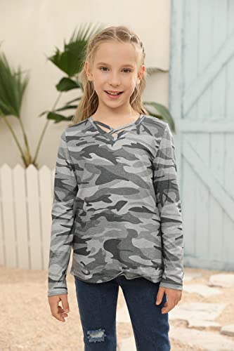 Image of Girls Camouflage Stripe Short Sleeve Shirts V Neck Criss Cross Tees Sweat Kids Casual Sport Tops Blouse（4-15T）