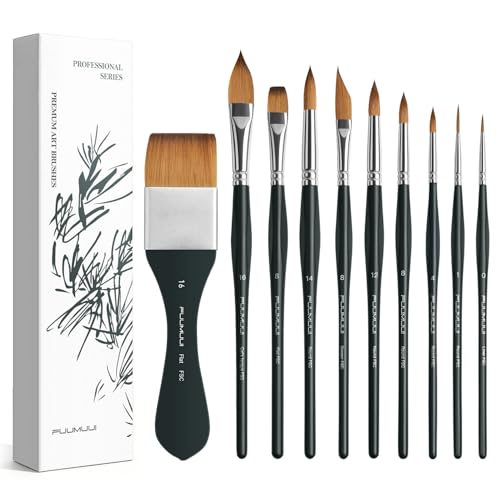 Fuumuui 10PCS Professional Watercolour Brushes Synthetic Kolinsky Sable Hair Brush Set with Ergonomic Triangular Handle Round Flat Cats Tongue Dagger for Watercolor Acrylic Gouache Inks Painting