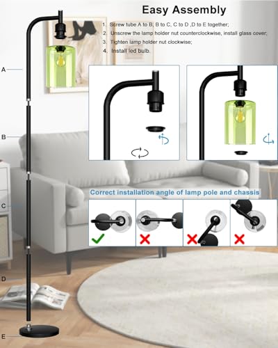 Image of Lightdot 64IN Glass Floor Lamp for Living Room, Modern Standing Lamps with Green Ribbed Glass Lampshade& Bulb Included, Industrial Floor Lamp for Bedroom /Sofa Beside /Corner Decor-Black