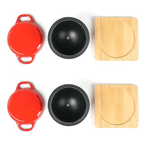 Image of HAWOK Enameled Cast Iron Garlic Roaster with Bamboo Tray, Dia.3.94 inch, BBQ Grill Garlic Baker, Mini Cocotte, Set of 2, Red