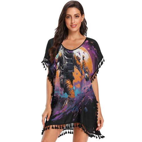 KAAVIYO Cool Space Astronaut Women's Beach Cover Up Chiffon Tassel Swimwear Swimsuit Coverups for Girl