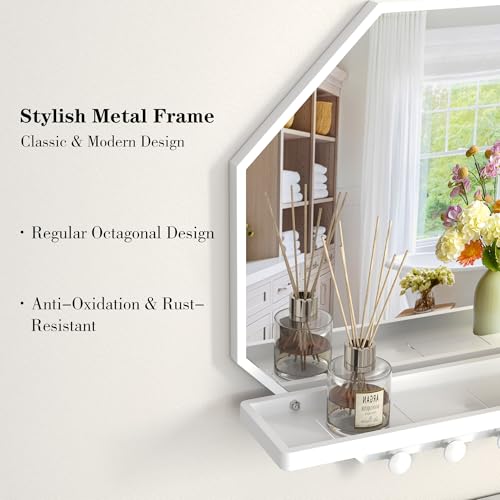 Image of BEAUTME 20x20 inch Octagon Wall Mirrors with Shelf and Hooks, Metal Framed Octagon Mirror for Entryway, Modern Farmhouse Decor Wall Mounted Mirror for Living Room Bedroom Entryway (White)