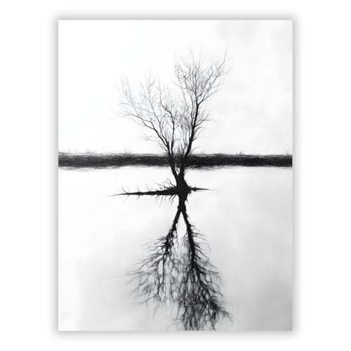 Impresión artística de árbol en blanco y negro con reflejos, paisaje acuático, mural minimalista de naturaleza, póster decorativo (50 x 70 cm, sin marco)