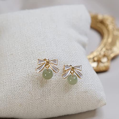 Looyuupee Natural Hetian Jade Beaded Pendant Stud Earrings Bow-Knot Drop Green Jade Ear Studs For Women Gold Earring Jewelry Gift For Mom Lover Her (925 Sterling Silver With Gold Plated) #TOP4
