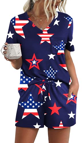 Image of RUBZOOF Women's Short Sleeve Pajama Sets with Pockets Casual V Neck 2 Piece Lounge Sets S-3XL