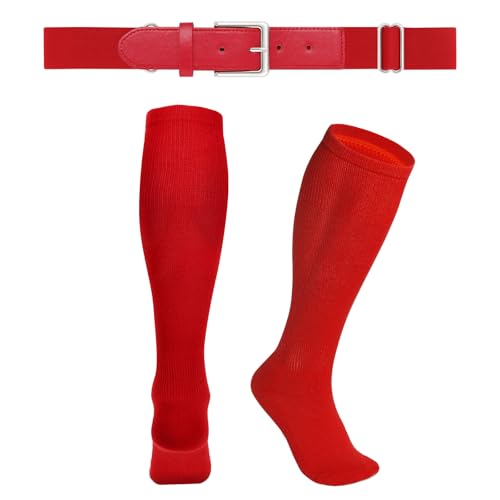 WERFORU Baseball Belt and Socks Combo Set Elastic Baseball Belt and Socks Elastic Softball Belts and Socks for Adults and Youth Red Youth