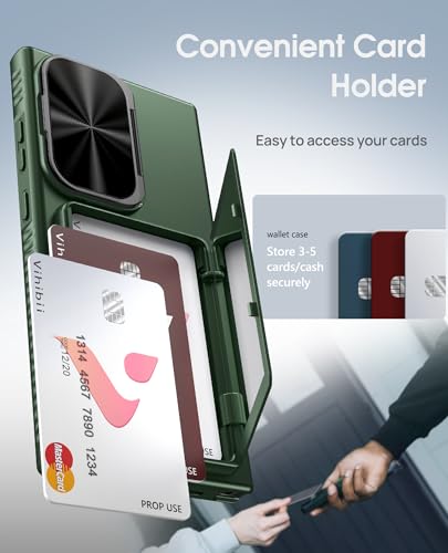 Image of Vihibii PC + Silicone For Samsung Galaxy S24 Ultra Back Cover With Card Holder(4 Cards)&Stand&Camera Lens Cover&Raised Edges Protect Screen,Rugged Shockproof Phone Case For Galaxy S24 Ultra 6.8 inch,Green