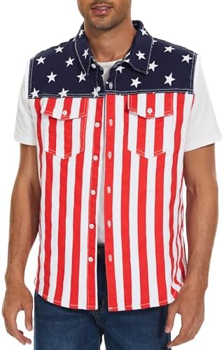 Men&#39;s Denim American Flag Retro Vest Stretch Sleeveless Jean Shirt Collar Slim Fit Lightweight