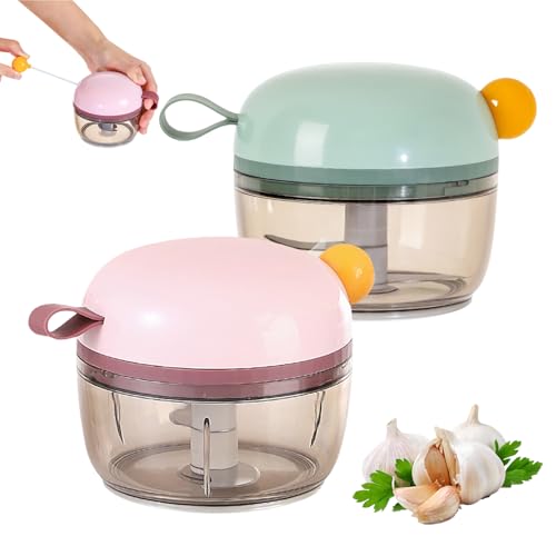 Mini Knoblauchhacker 2er-Set, 200ml Manueller Hand-Lebensmittelhacker mit Silikongriff & Magnetischen Edelstahlklingen, Kompakter Zwiebelzerkleinerer (2)