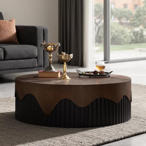 Image of WOODEN SPACE WaveEdge Round Center Table | Modern Designer Coffee Table for Living Room | HDHMR & Wooden Build | Fluted Base Luxury Center Table