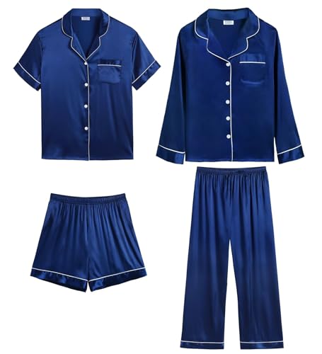 SWOMOG Women & Men 4 Pcs Pajamas Sets Silk Satin Pjs Sets Button-Down Sleepwear Soft Loungewear with Long Pants Navy Blue