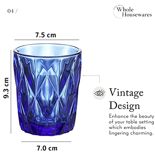 Whole Housewares | Colored Glass Drinkware Set | Vintage Drinking Cups | 9.5 Ounce Water Glasses | Set Of 6 | For Wedding Or Parties | Cobalt Blue Diamond Pattern (Vintage Drinking Cups) #TOP3