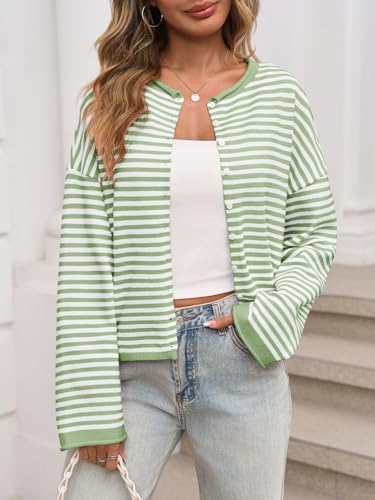 Image of Saodimallsu Womens Striped Cardigan Casual Long Sleeve Open Front Button Down Loose Knit Lightweight Fall Sweaters