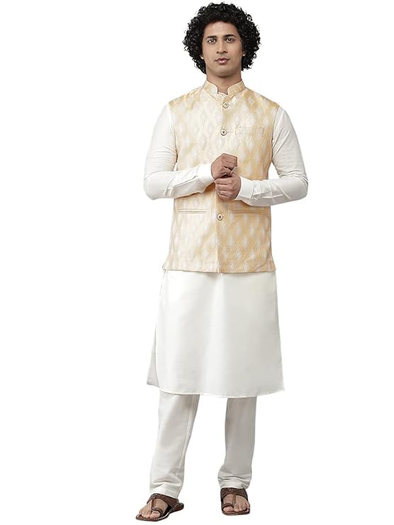 see designs Men Gold & White Solid Kurta Pyjamas With Nehru jacket-picture-59