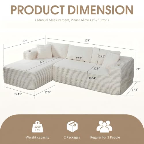 Image of 103 inch Modular Boneless Couches,Sectional Sofa for Living Room with 2 Cup Holders,Memory Foam Cloud Couch with L Shaped Oversized Chaise,No Assembly Needed Plush Corduroy Sofa,Beige