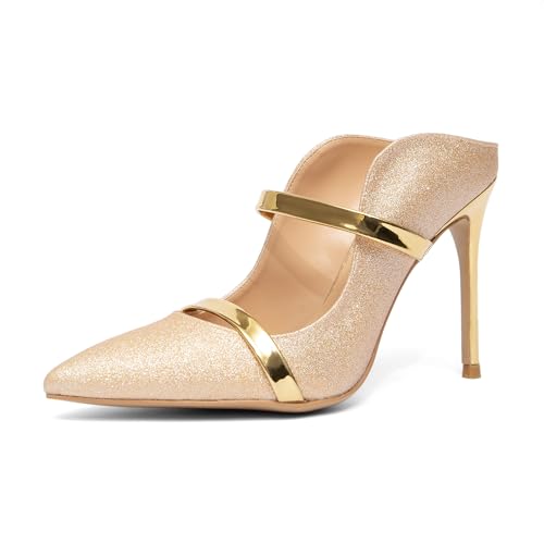 NEWBELLA Women's Pointed Toe Stiletto Heels - Elegant Prom & Party Shoes, High Heel Dress Pumps for Evening, Wedding, and Special Occasions, Gold 8