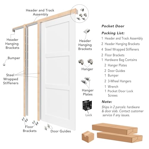 Image of 24 inch x 80 inch Pocket Door, 3-Panel Core with Frame and Hardware Kit Set, Interior Doors for Sliding Pocket Doors, White Primed - No Panel Assembly Required