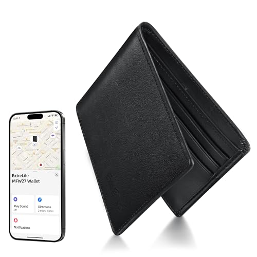 ExtreLife Carteira masculina Work with Find My Functionality, minimalista com bolso frontal com rastreador GPS, bloqueio RFID, localizador de carteira recarregável, presente para ele, preta