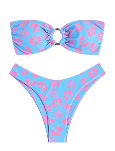 Image of ZAFUL Women's Bandeau Bikini O Ring Strapless Tie Back High Cut Two Piece Swimsuit Bathing Suits