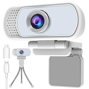 Hrayzan Webcam with Microphone,Webcam 1080p White,USB Web Camera 110-Degree View Angle Computer Camera,Webcam Tripod/Privacy Cover/USB C Adapter Include,Plug and Play for Video Conferencing