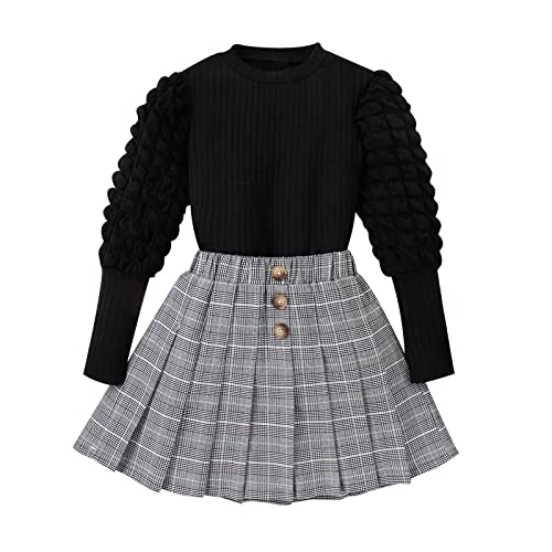 Niño Niña Primavera Invierno Manga Larga Tops Color Sólido Falda a Cuadros 2 PIEZAS Conjuntos de Ropa Conjunto de Ropa Niña 128, Negro , 8-9 Años