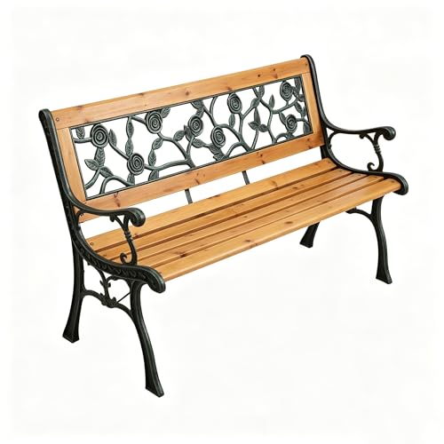 LORVIK Banco de Jardín Exterior de Madera y Metal 2 Plazas, Banco Decorativo para Terraza, Patio y Parque con Respaldo Floral Vintage y Estructura Resistente