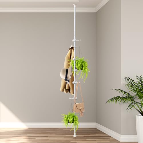 EUIJOIP Corner Coat Rack - 12 Hook Tension Rod Plant Stand Stainless Steel Organizer for Coats Towels Plants & More No Drilling Height Adjustable White