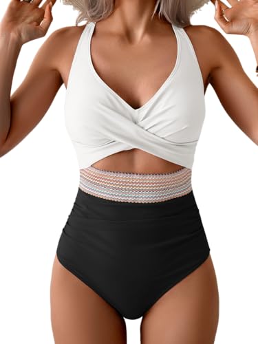 Image of B2prity Women's One Piece Swimsuit Tummy Control High Waisted Bathing Suit | Color Block,Removable Soft Cups,Cutout,V neck,Full Coverage,Adjustable Criss Cross Straps,Tie Back