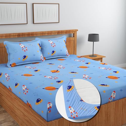 Image of RD FABS Glace Cotton Wrinkle Free Soft Hypoallergenic Elastic Fitted Cartoon Printed Bedsheets for Kids with 2 Pillow(Size,78 x 72 Inches(Fits up to 8 Inch),Blue Astronaut),Double Bed,300 TC