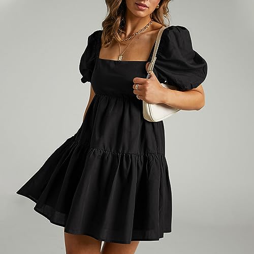 OWNGIGI Women's Summer Dress Square Neck Puffy Short Sleeve Loose Tie Back Casual A-Line Mini Dresses3
