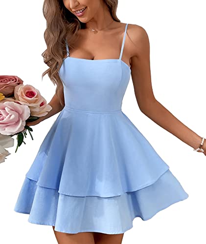 SEMATOMALA Women's Tie Back Spaghetti Strap Skater Mini Dress Tiered Ruffle Fit and Flared A Line Sexy Cute Short Party Dress