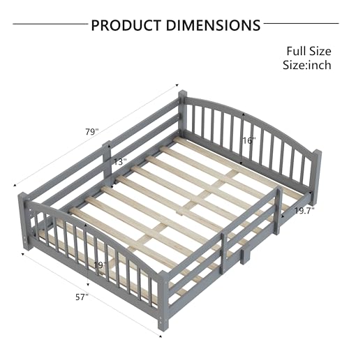 Image of Bellemave Full Size Kids Montessori Floor Bed,Full Size Floor Bed Frame with Slats and Safety Guardrail,Solid Wood Montessori Bed for Girls Boys,Gray