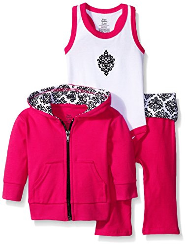 Yoga Sprout Unisex Baby Cotton Hoodie, Bodysuit or Tee Top, and Pant, Pink/Black Damask, 18-24 Months (24M)