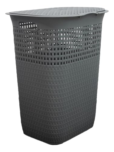Listado de Cestos para Ropa Sucia de Plastico del mes. 47 Decoform Cesto para Ropa Sucia Tipo Ratán con Tapa 55L | Canasto de Plástico Resistente Color Gris J0271| Organizador Elegante para Baño, Recámara o Lavandería | 44.5x57cm