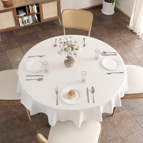 Image of Encasa XO Dining Table Cover Rectangular 142 cm-Round | Waterproof Textured Polyester Dining Table Cloth | Machine Washable Tablecloth | ZZ White