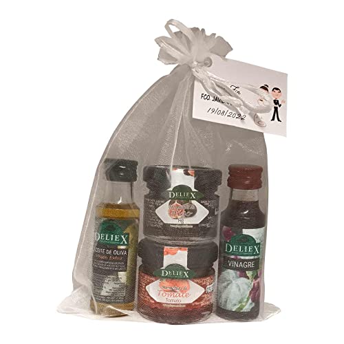Regalo Pack Aceite y vinagre con mermeladas de higo y Tomate. Pensado para invitados de eventos o de bodas. De la marca Deliex.