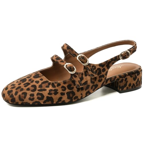Image of Mostrin Mary Jane Shoes Women Slingback Chunky Low Heels for Women Closed Rounded Toe Ankle Strap Pumps Daily Wedding Party Dress Shoes
